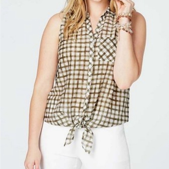 J. Jill Tops - J. Jill Silk/Cotton Tie Front Checkered Blouse Green and White Size XL